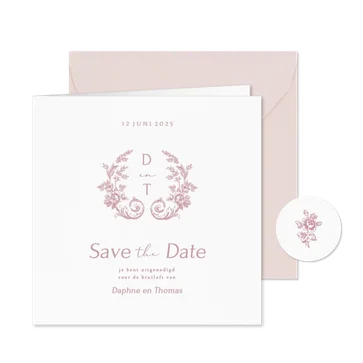 Vintage trouwkaart save the date met roze rozen